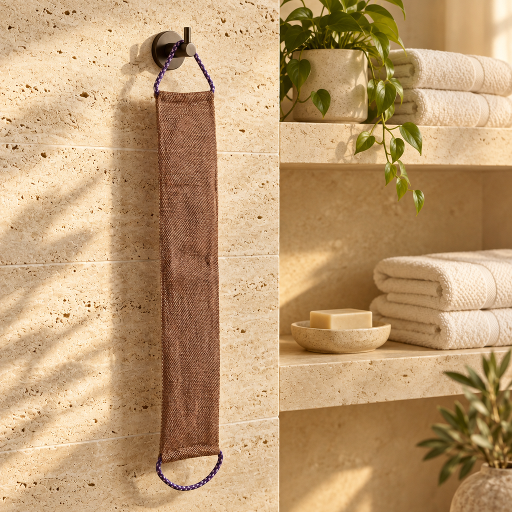 Fascia esfoliante African Net Larminly color terracotta appesa a un gancio in un bagno spa
