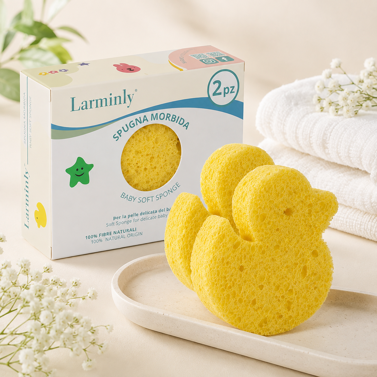 Spugna bagnetto Larminly in wood pulp a forma di papera gialla con confezione