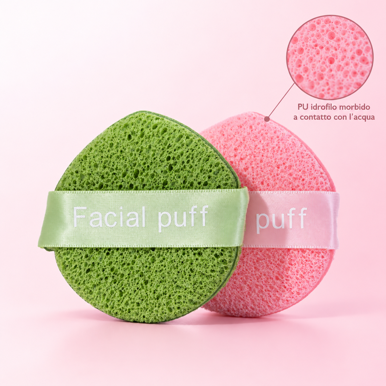 Spugnette viso Larminly verde e rosa Facial puff con infografica del poliuretano idrofilo